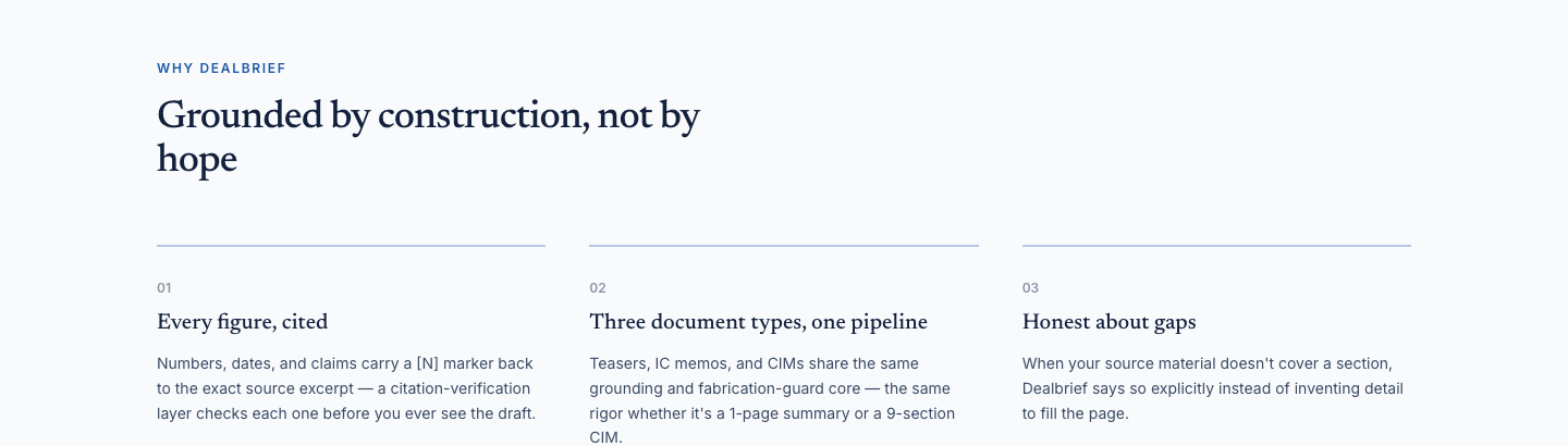 DealBrief's three product pillars: every figure cited, three document types on one pipeline, and honesty about gaps in the source material
